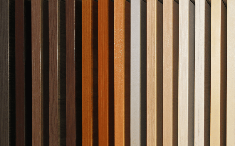 Close-up of various timber samples showcasing different grain patterns and colors.