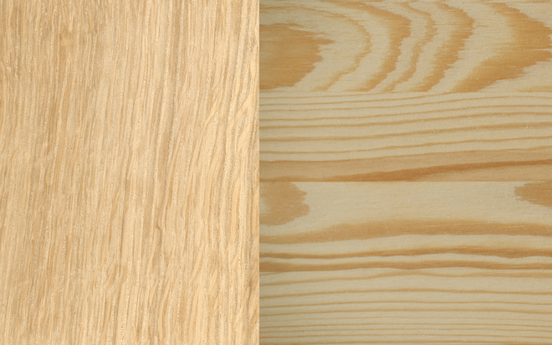 A split image showing hardwood oak on the left and softwood pine on the right.