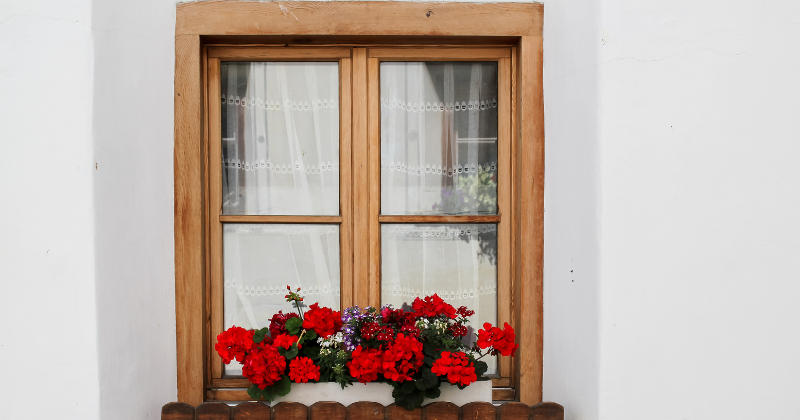 A wooden window frame with roses at the bottom part