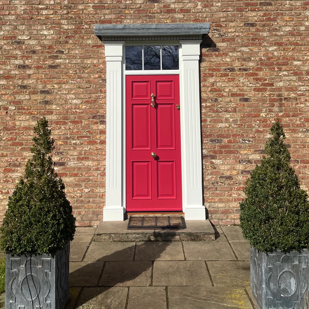 Rectory Red six panel entrance door with fluted pillars