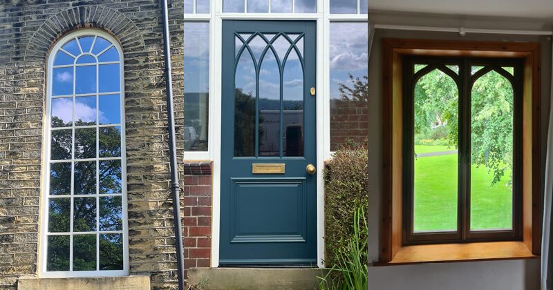 Arched window with shaped bars gothic style door and shaped bars window