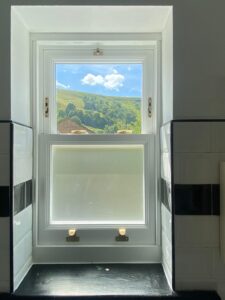 Timber Sliding Sash bathroom window with frosted glass