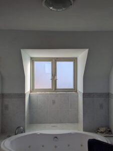 Timber casement bathroom window with obscure glass