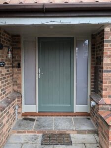 Timber Green Smoke door with obscure glass sidelights 