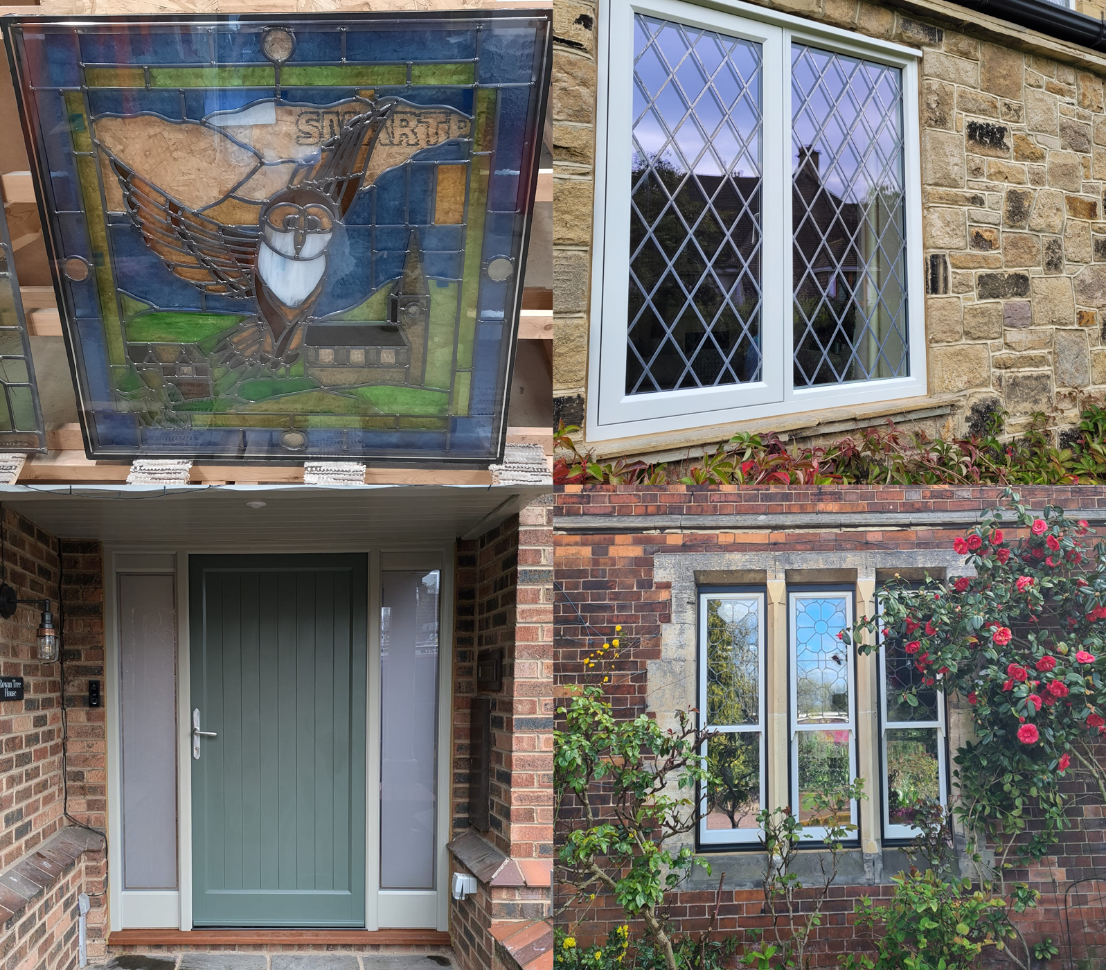 Collage of types of glass for windows and doors including diamond leaded glass, coloured glass, obscure glass and decorative glass