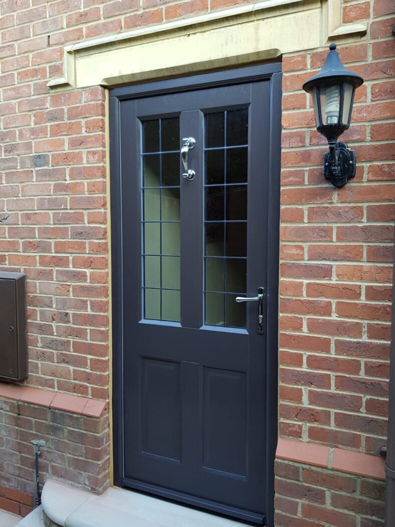 Brown Grey front door with Antiqued Leaded glass