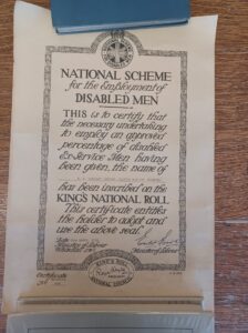 National Scheme for the Employment of Disabled Men certificate from Post-war Britain issued to R.J. Patchett Ltd