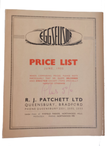 Eggsellsior price list leaflet from June 1955 for R.J. Patchett Ltd