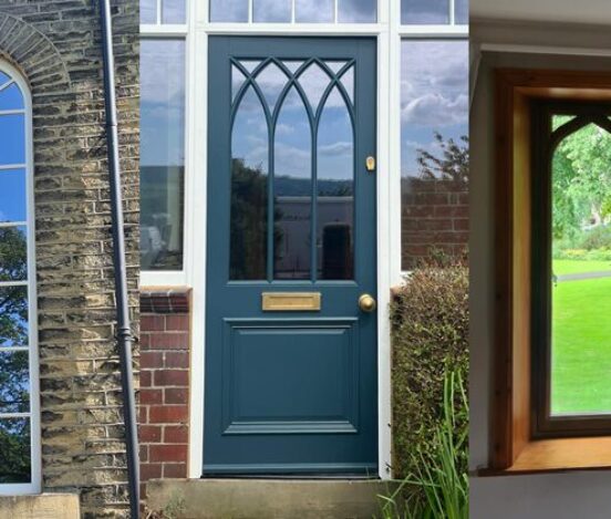 Arched window with shaped bars gothic style door and shaped bars window