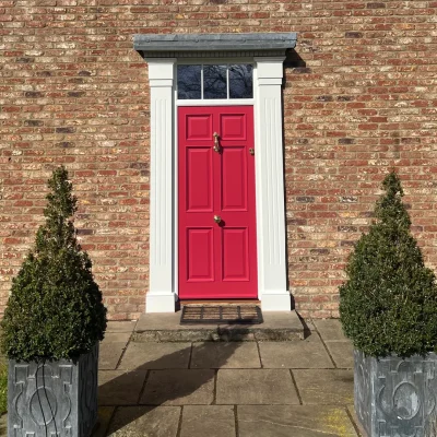 Rectory Red six panel entrance door with fluted pillars