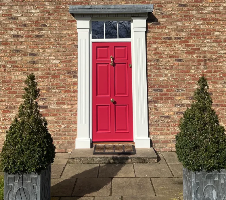 Rectory Red six panel entrance door with fluted pillars