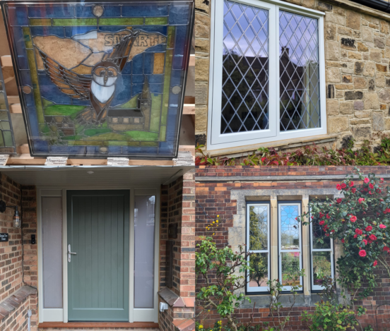 Collage of types of glass for windows and doors including diamond leaded glass, coloured glass, obscure glass and decorative glass