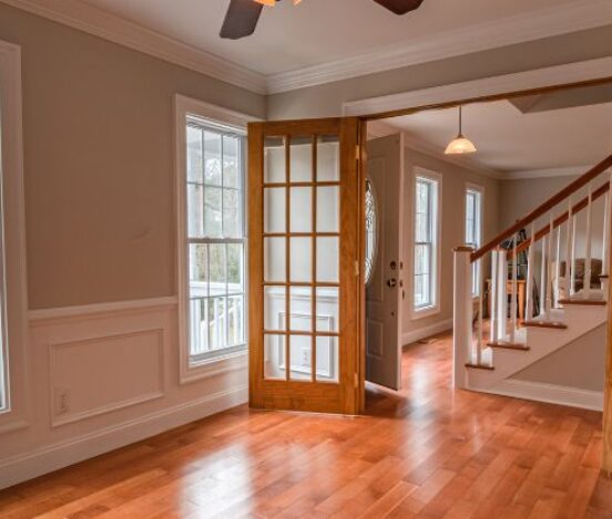 House interior with wooden door frames installed.